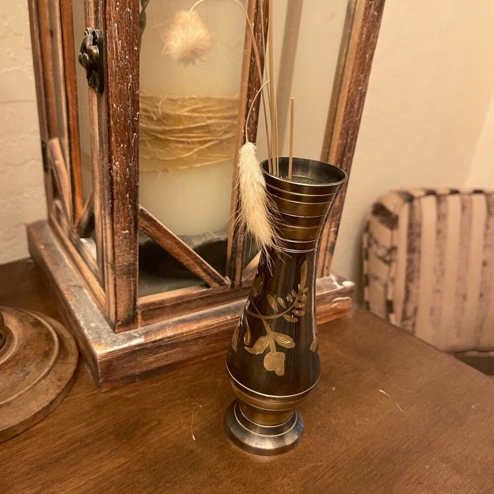 Vintage brass and black etched floral metal vase 6”